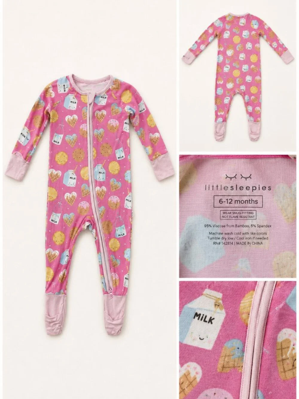 Little Sleepies Sweet Treats Bamboo Convertible Zippy Pajamas 6–12M 🍪🥛💕